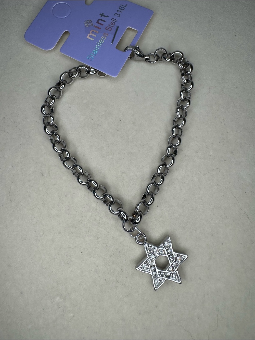 New Mint Stainless Steel Silver Star of David charm bracelet